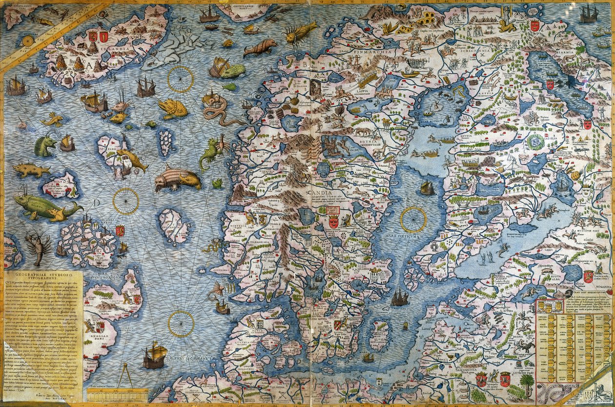 Skandynawia, detal z Carta Marina da Olaus Magnus, 1572 autorstwa Antonio Lafreri