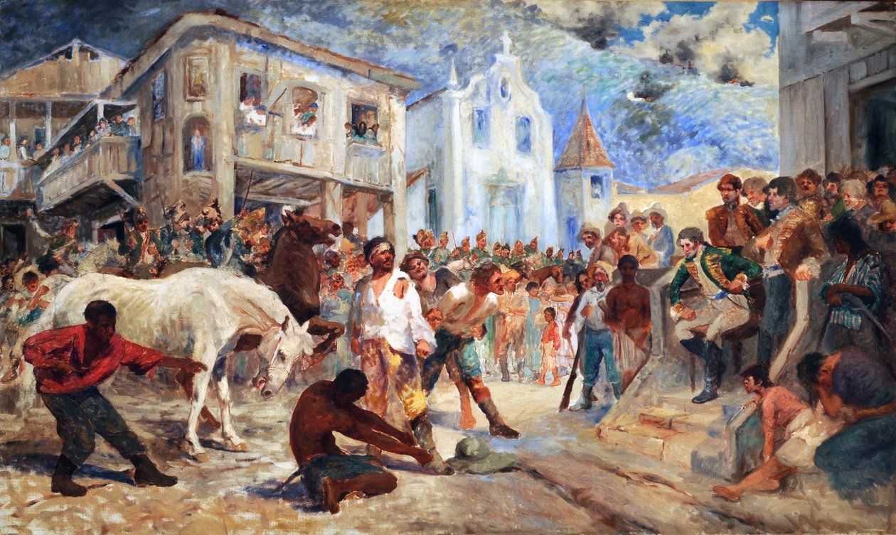 Proces Filipe do Santosa. Przedstawia ostatnią scenę buntu Filipe dos Santos, który miał miejsce w 1720 roku w Vila Rica, Minas Gerais, Brazylia autorstwa Antonio Parreiras