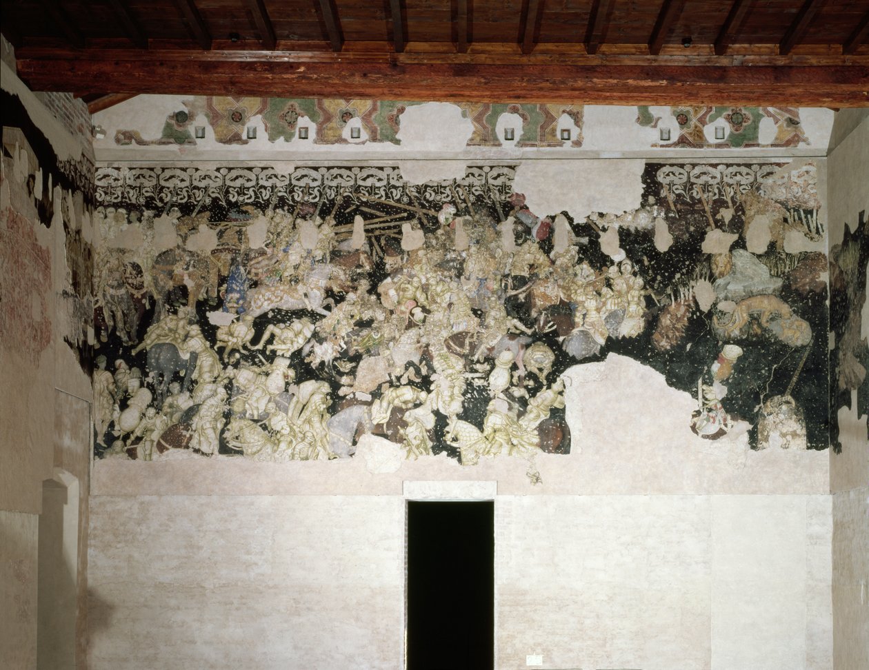 Turniej bitewny, z kołnierzem Lancastrian SS z kwiatami nagietka, na fryzie powyżej godło rodziny Gonzaga, fragment malowidła ściennego z Sala del Pisanello (dawniej Sala dei Pr autorstwa Antonio Pisanello