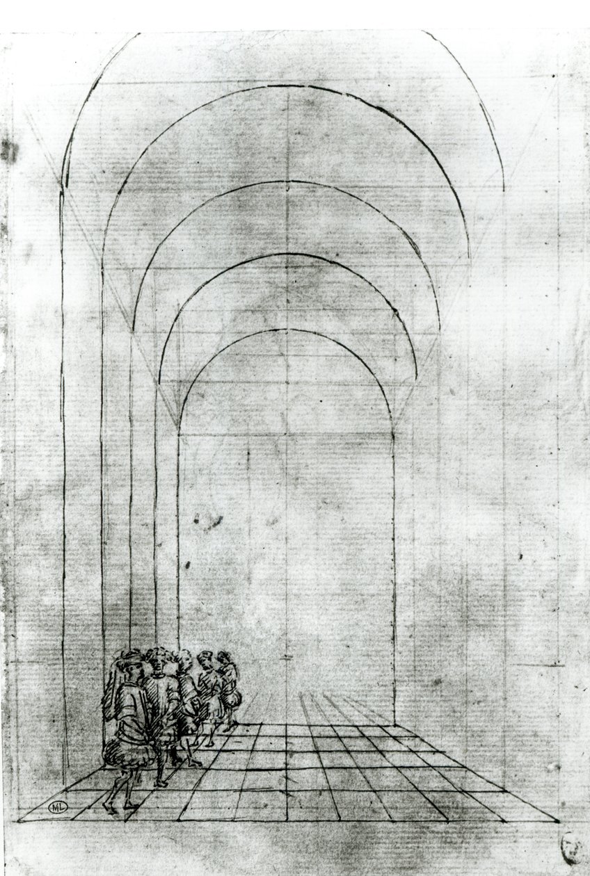 Ludzie pod łukiem (czarny i biały fotodruk) autorstwa Antonio Pisanello