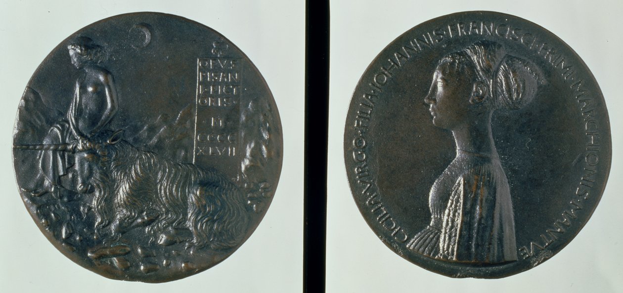 Medal portretowy, awers przedstawiający Cecylię Gonzagę, rewers - postać kobiecą i jednorożca, 1447 (brąz) autorstwa Antonio Pisanello