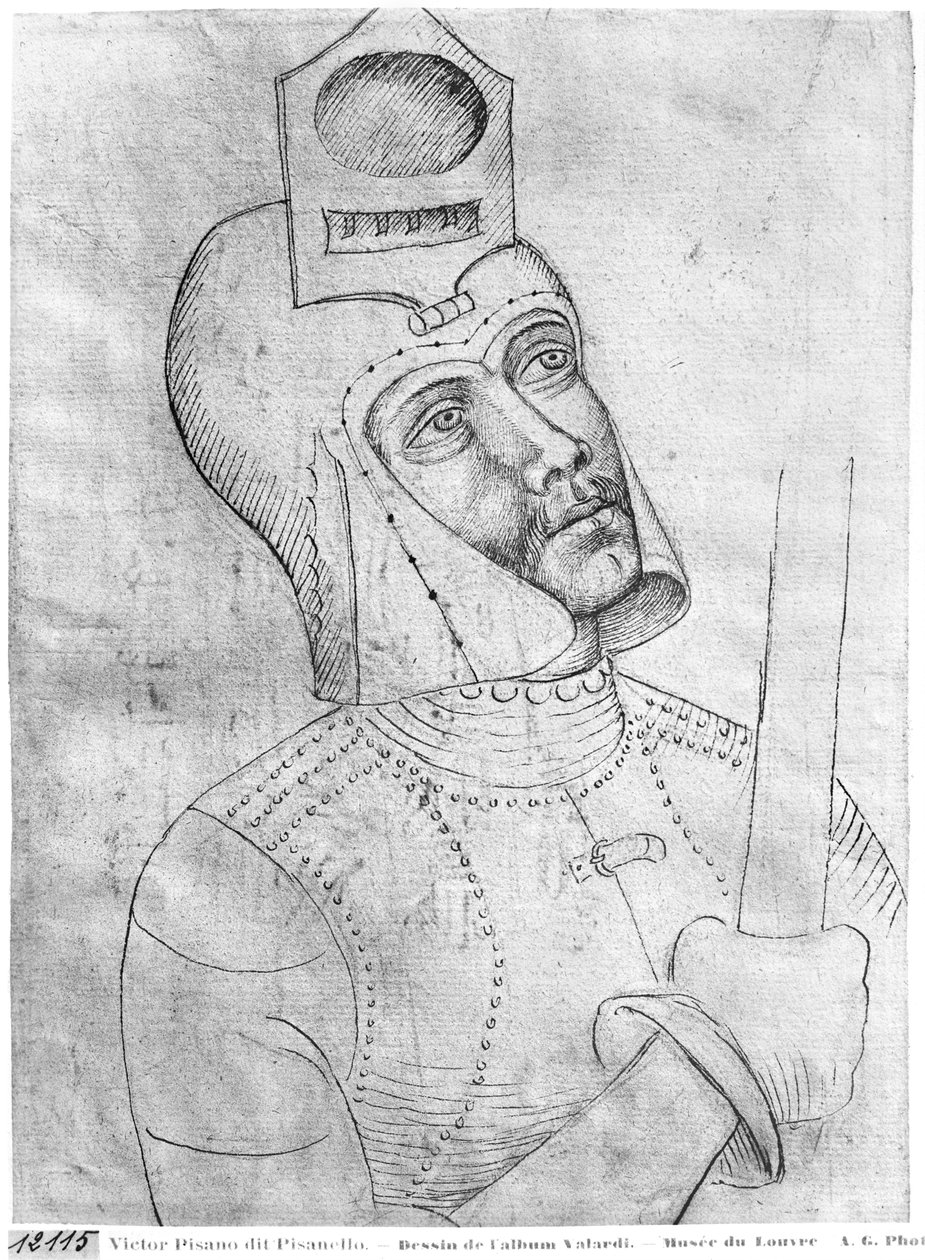 Żołnierz w hełmie z przyłbicą, z albumu Vallardi autorstwa Antonio Pisanello