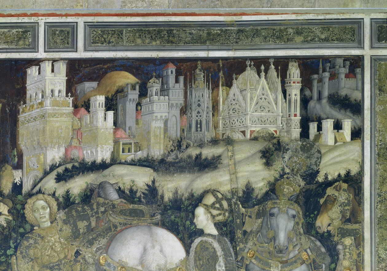 Św. Jerzy i księżna Trebizondy, w tle fragment miasta, ok. 1433-38 autorstwa Antonio Pisanello