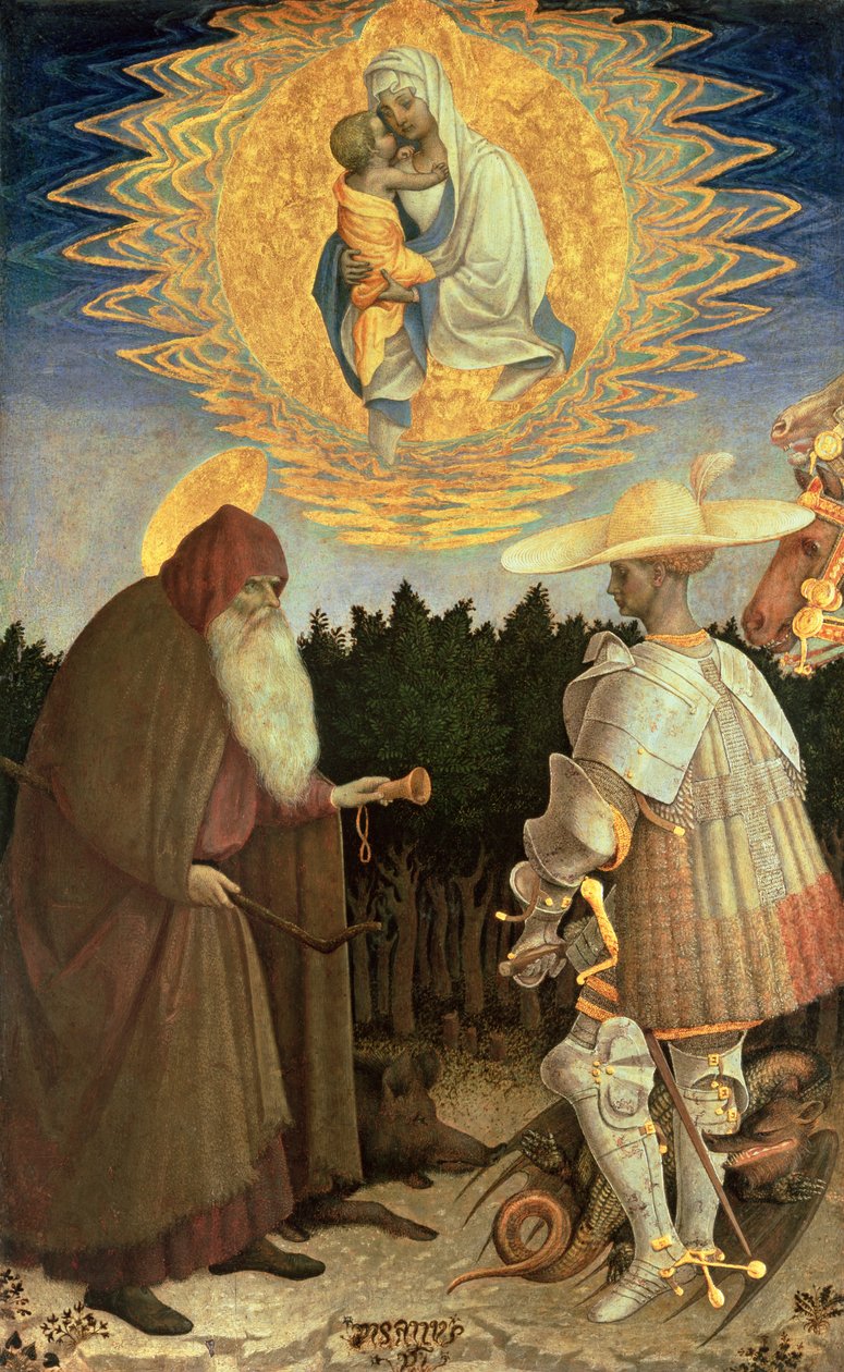 Matka Boska z Dzieciątkiem ze św. Jerzym i św. Antonim Opatem (tempera jajeczna na topoli) autorstwa Antonio Pisanello
