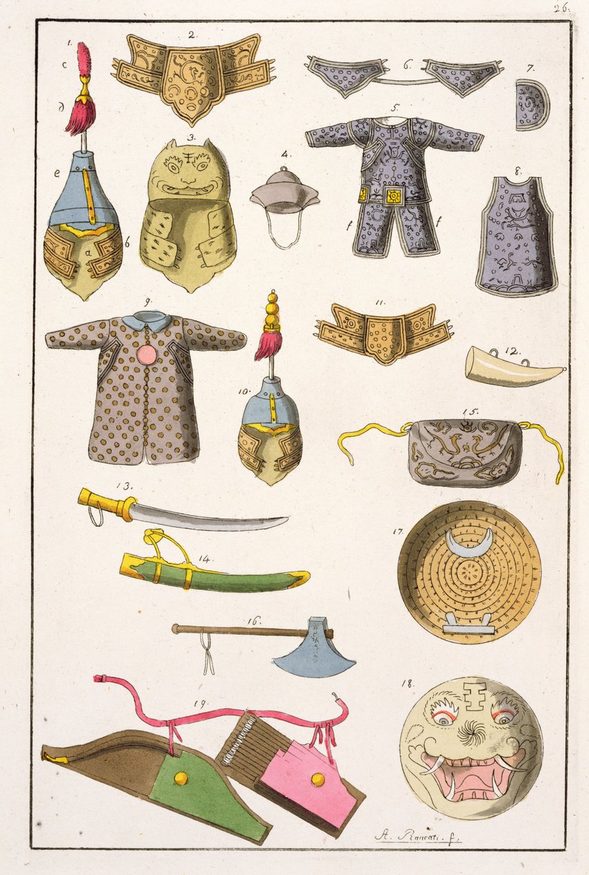 Chińska broń i ubiór wojskowy, ilustracja z „Le Costume Ancien et Moderne” Giulio Ferrario, wydana w latach 1820-30 autorstwa Antonio Rancati