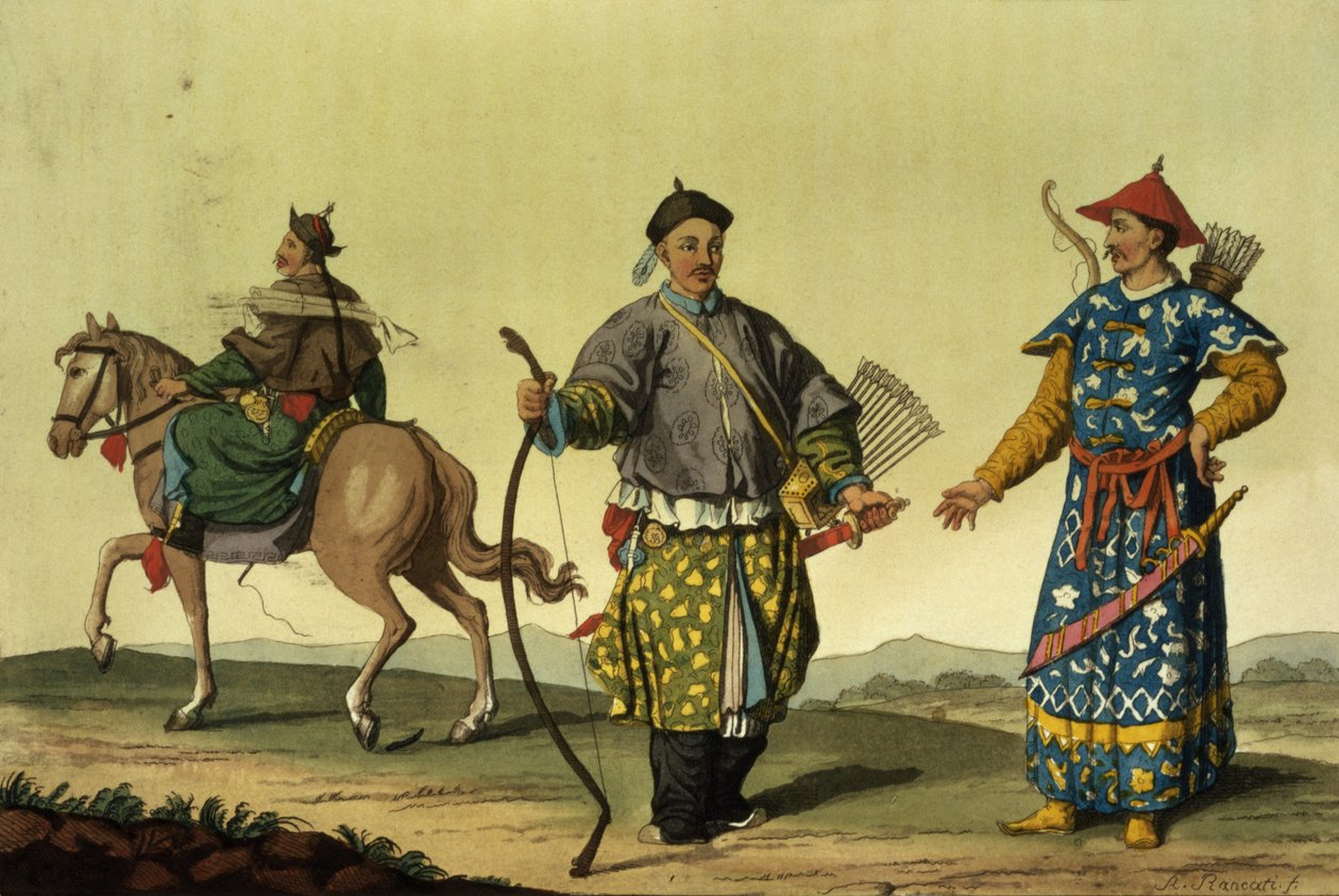 Ośmiu flag mongolskich żołnierzy sił zbrojnych Ching, grawerowane przez A. Rancati (kolorowe grawerowanie) autorstwa Antonio Rancati