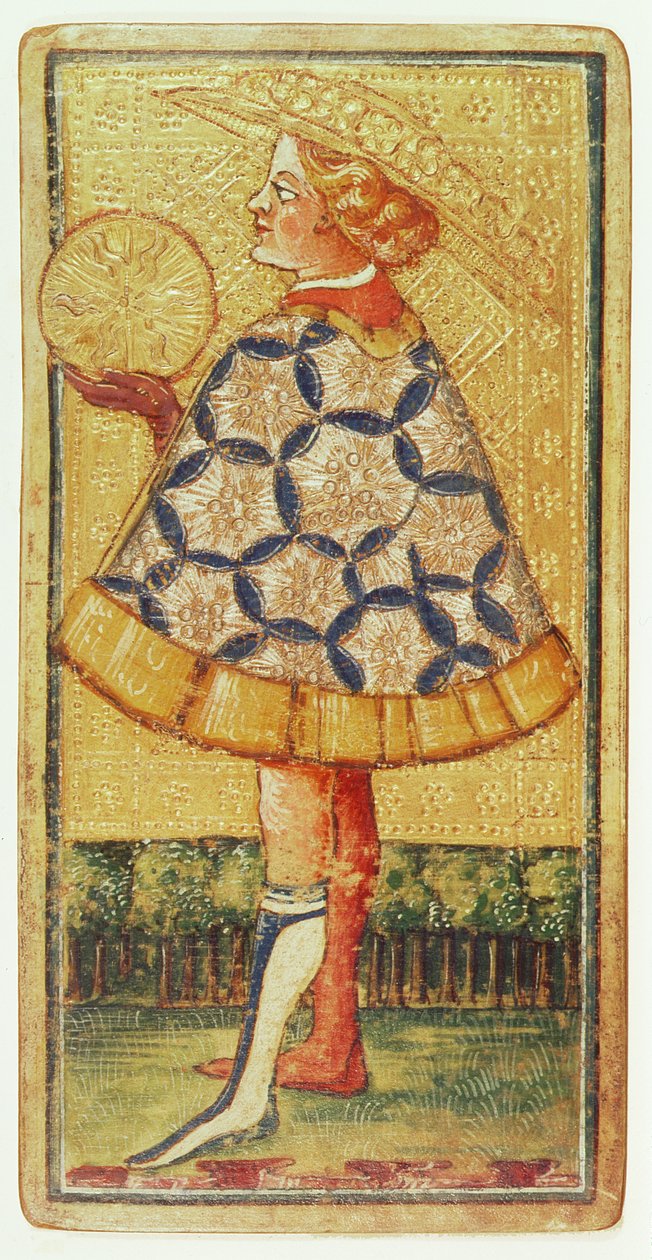 The Page of Coins, z talii kart tarota (gwasz i złocone na karcie) autorstwa Antonio Cicognara