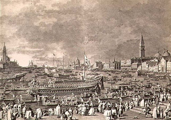 Wyokrętowanie doży na Bucintoro na ślub z morzem, grawerowane przez Giovanniego Battistę Brustolona (1712-96) (rycina) autorstwa Antonio (after) Canaletto