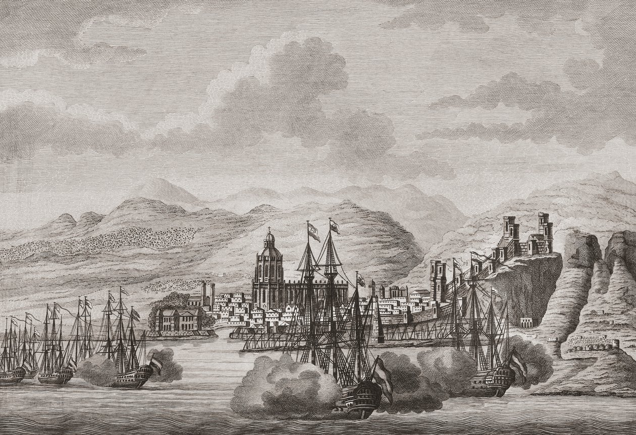 Flota holenderska u wybrzeży Malagi, Hiszpania 1784 salutując. (wydrukować) autorstwa Antonio (after) Suntach