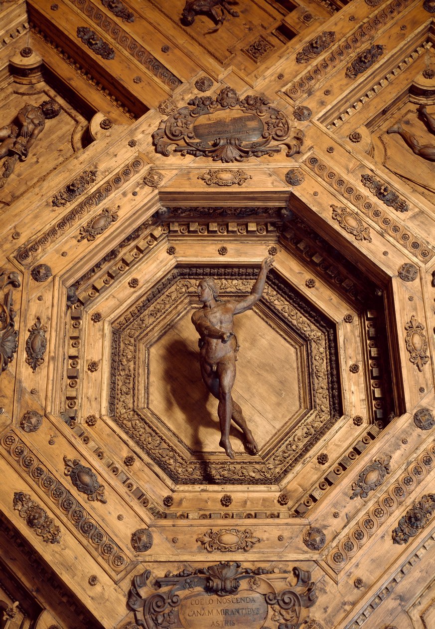 Apollo, obrońca medycyny. Szczegół drewnianego sufitu teatru anatomicznego autorstwa Antonio (d.1663) Paolucci