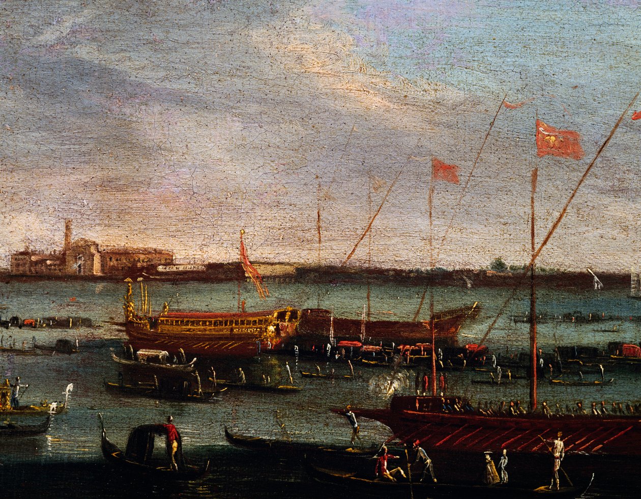 Bucentaur (galera państwowa dożów Wenecji) w Lido w Wenecji, olej na płótnie, Szkoła Canaletto, Włochy autorstwa Antonio (studio of) Canaletto