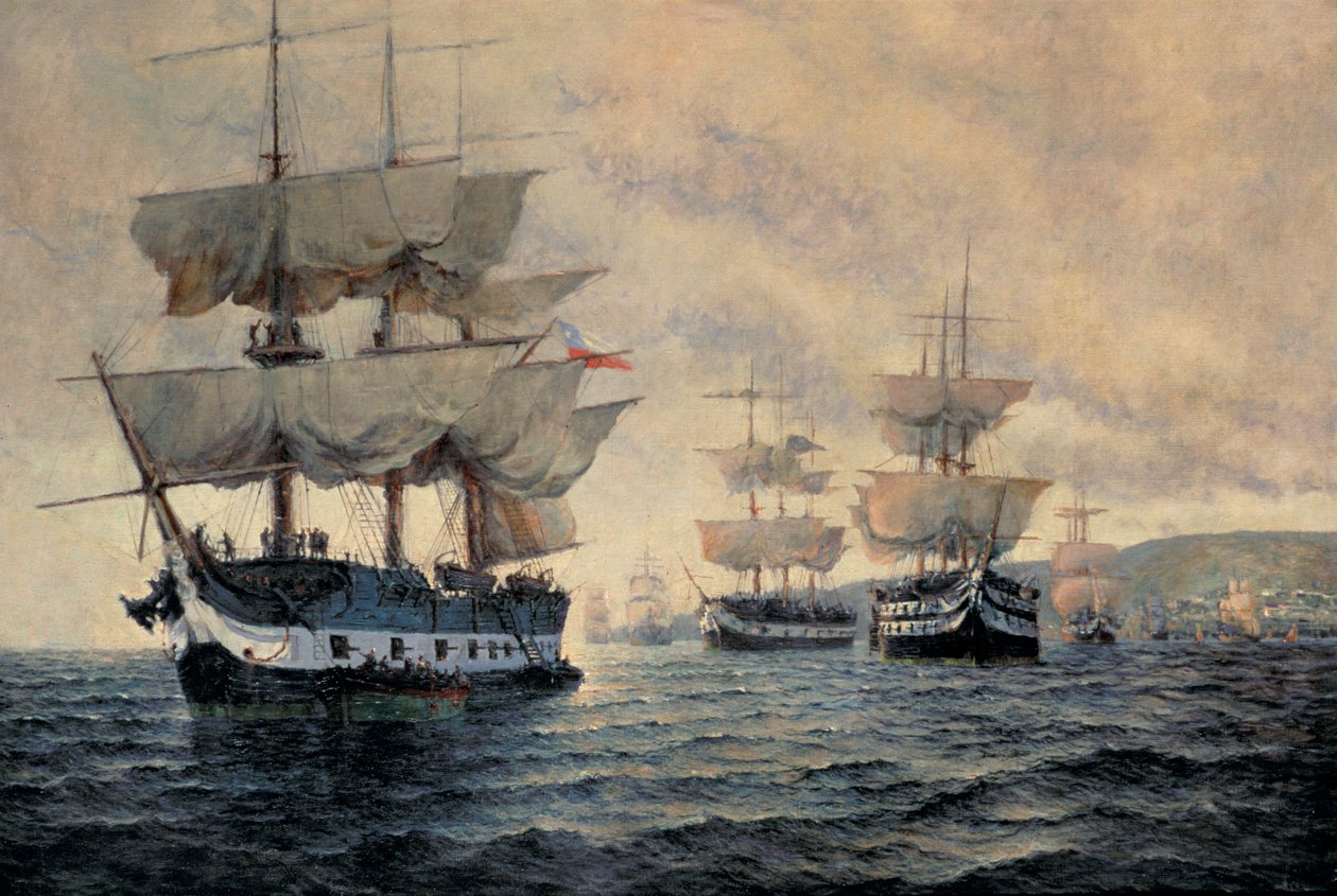 Zaokrętowanie ekspedycji wyzwalającej Peru 20 sierpnia 1820 r. pod dowództwem kapitana generała Jose de San Martina (1778-1850) (olej na płótnie) autorstwa Antonio A. Abel