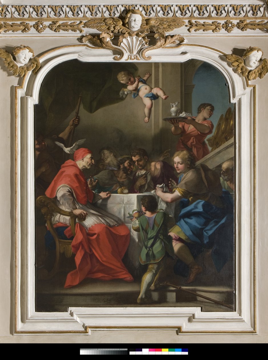 „”Święty Grzegorz Wielki przy stole z Jezusem w przebraniu w pelerin”” W pobliżu Papieża gołębica Ducha Świętego (Ducha Świętego) 1729-1731 (obraz) autorstwa Antonio Balestra
