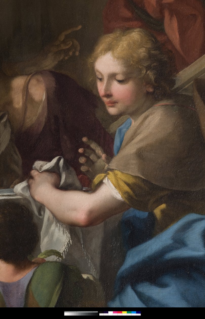 „Święty Grzegorz Wielki przy stole z Jezusem w przebraniu w pelerinie” (fragment) 1729-1731 (obraz) autorstwa Antonio Balestra