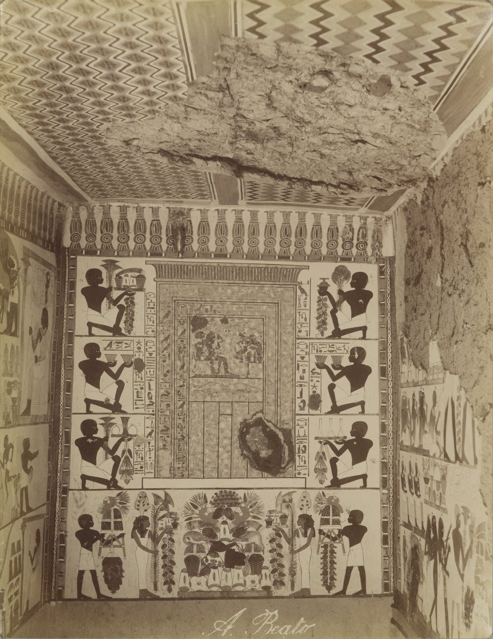 په تیبس کې د نخت مقبره، د قبر پولي څخه د رنګ شوي دیوال او چت لید autorstwa Antonio Beato