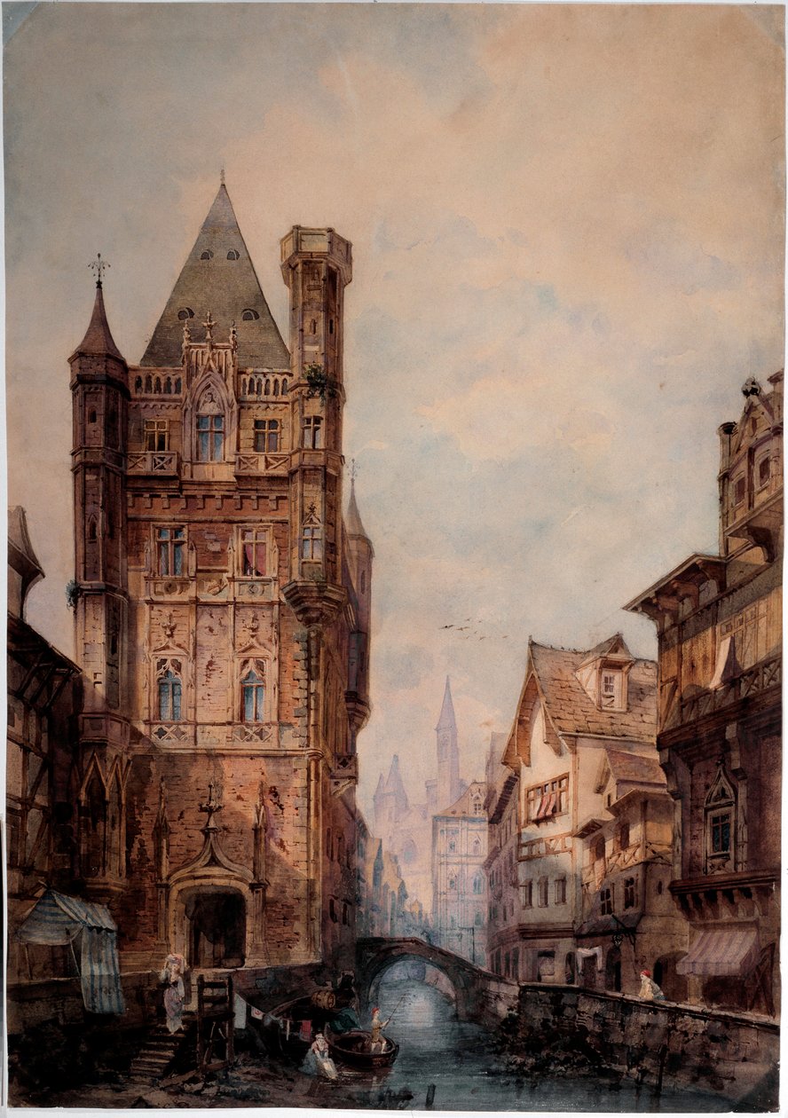 Widok na kanał w normańskim mieście Akwarela Antonio Bernasconiego (XIX w.) Dim 85x75 cm Genes, Galleria d