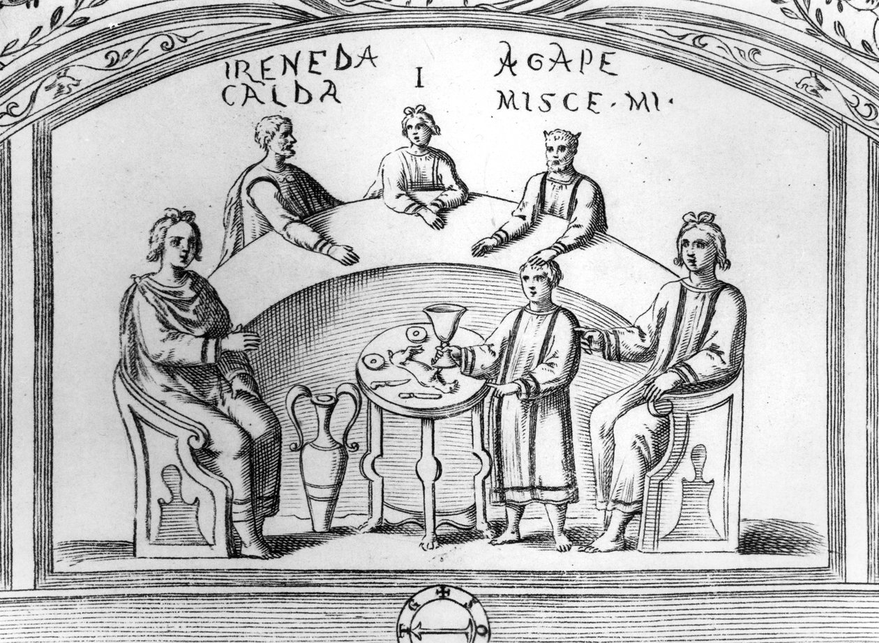 Scena bankietowa z wczesnochrześcijańskiego fresku katakumbowego w Rzymie, ilustracja z „Roma Sotterranea” Antonio Bossiego, wydanej w Rzymie w 1632 r. (drewno) autorstwa Antonio Bosio