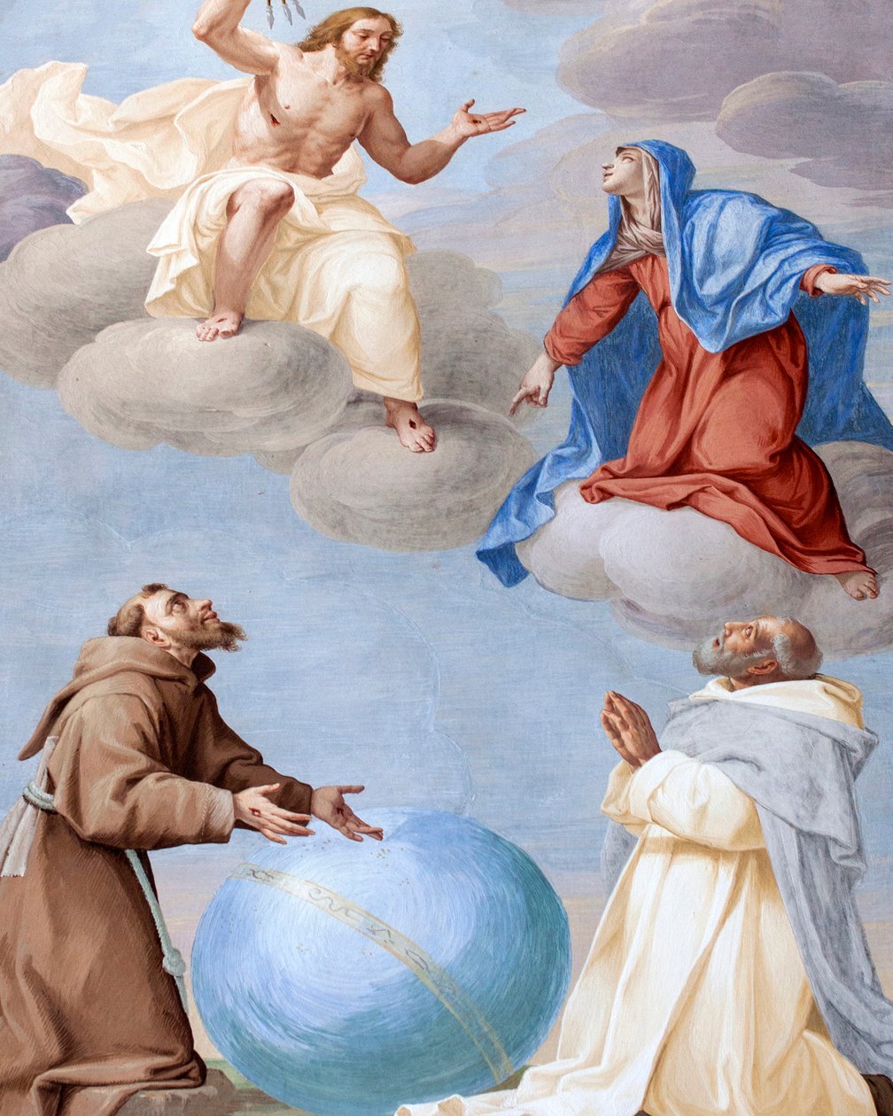 Święty Franciszek, Święty Damian i Maryja wstawiający się za ludzkością przekonujący Bożą Sprawiedliwość, by nie wystrzeliwały strzał w świat, fresk Antonio Busca (1625-1684), Kaplica XX, św. Franciszek kanonizowany przez papieża Grzegorza IX, autorstwa Antonio Busca