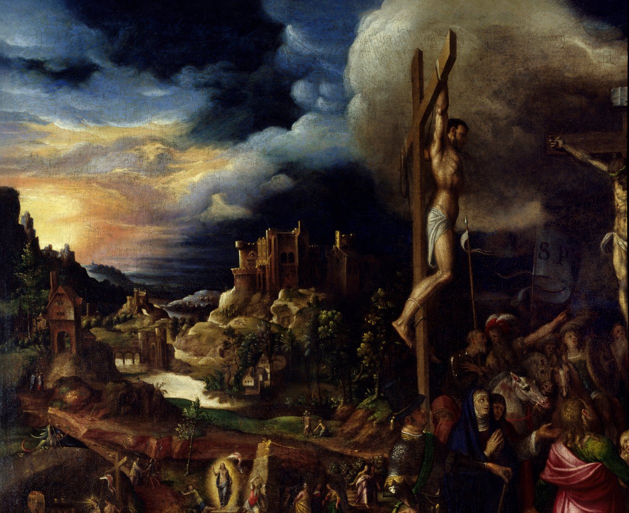Chrystus na krzyżu Sceny męki: wstąpienie na Kalwarię (Droga Krzyżowa), ukrzyżowanie. Obraz Antonio Campiego (1526-1587) Ec. Włochy autorstwa Antonio Campi