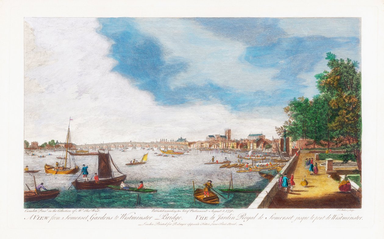 Widok z Somerset Gardens na Westminster Bridge, grawerowany przez Johna Millera, 1750 autorstwa Giovanni Antonio Canal