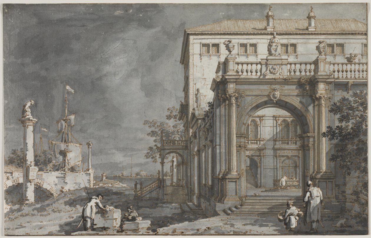 Capriccio: Pałac z dziedzińcem nad Zalewem autorstwa Antonio Canaletto
