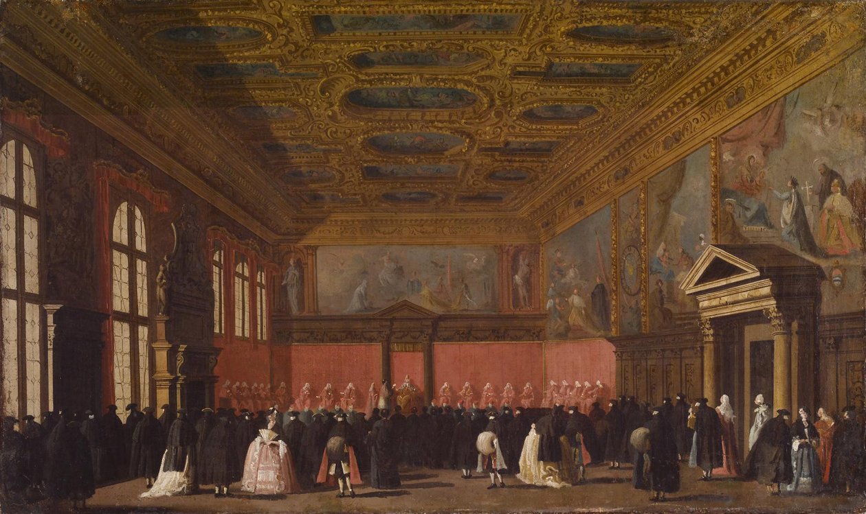 Przyjęcie ambasadorów zagranicznych w Pałacu Dożów, Wenecja, ok. 1765-80 autorstwa Giovanni Antonio Canal