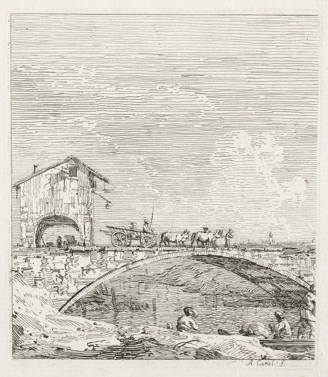 Widoki: Wagon przejeżdżający przez most, 1735-1746. autorstwa Giovanni Antonio Canal
