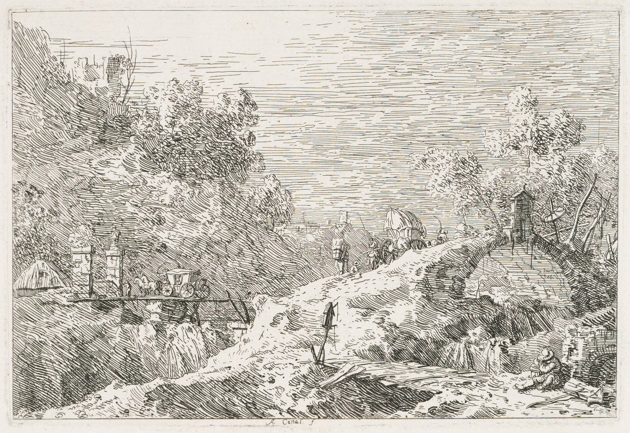 Views: Górski krajobraz z pięcioma mostami autorstwa Antonio Canaletto