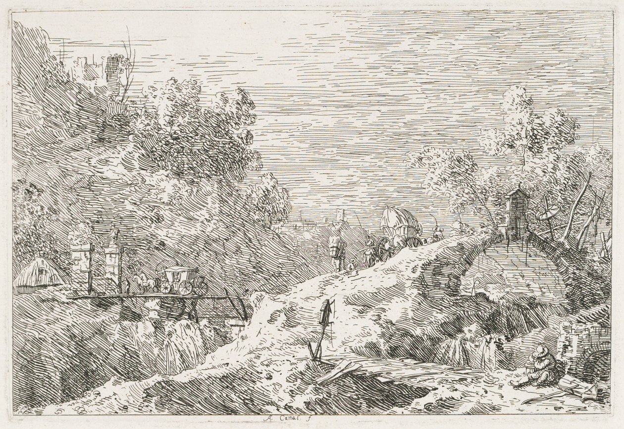 Widoki: Krajobraz górski z pięcioma mostami, 1735-1746. autorstwa Giovanni Antonio Canal