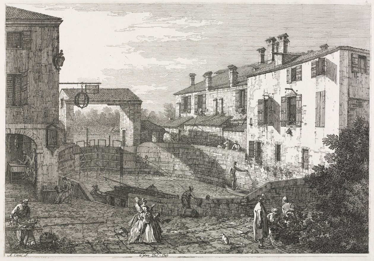Widoki: Śluza na kanale w Dolo, 1735-1746. autorstwa Giovanni Antonio Canal