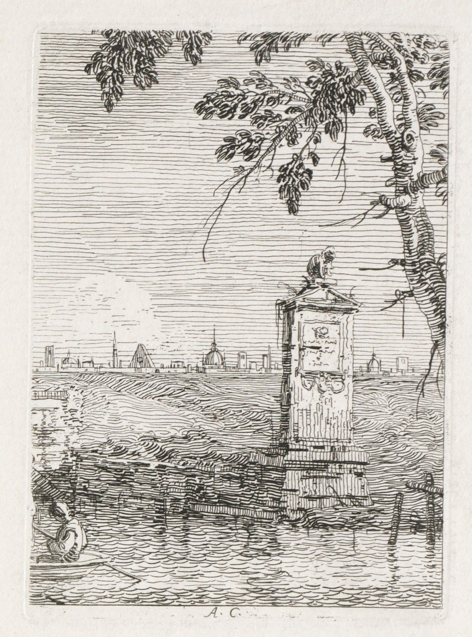 Widoki: Mały pomnik pod drzewem, 1735-1746. autorstwa Giovanni Antonio Canal