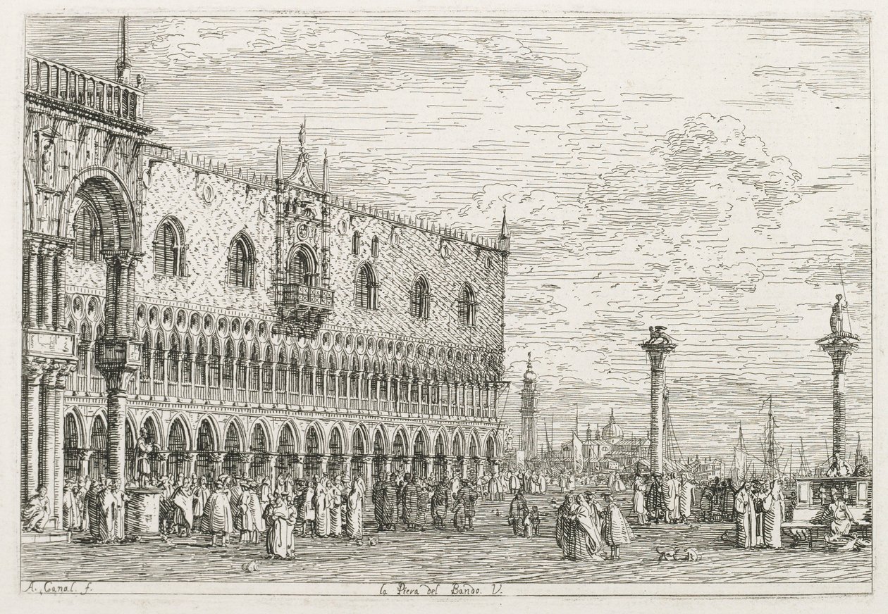 Widoki: Kamień proklamacji w Wenecji, 1735-1746. autorstwa Giovanni Antonio Canal