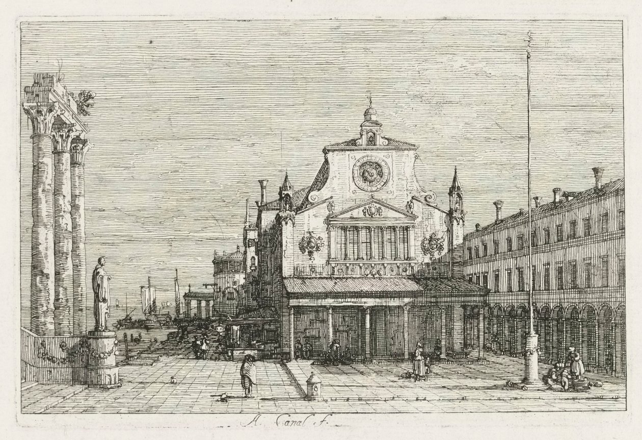 Widoki: Trzy kolumny i posąg na wybrzeżu Morza, 1735-1746. autorstwa Giovanni Antonio Canal