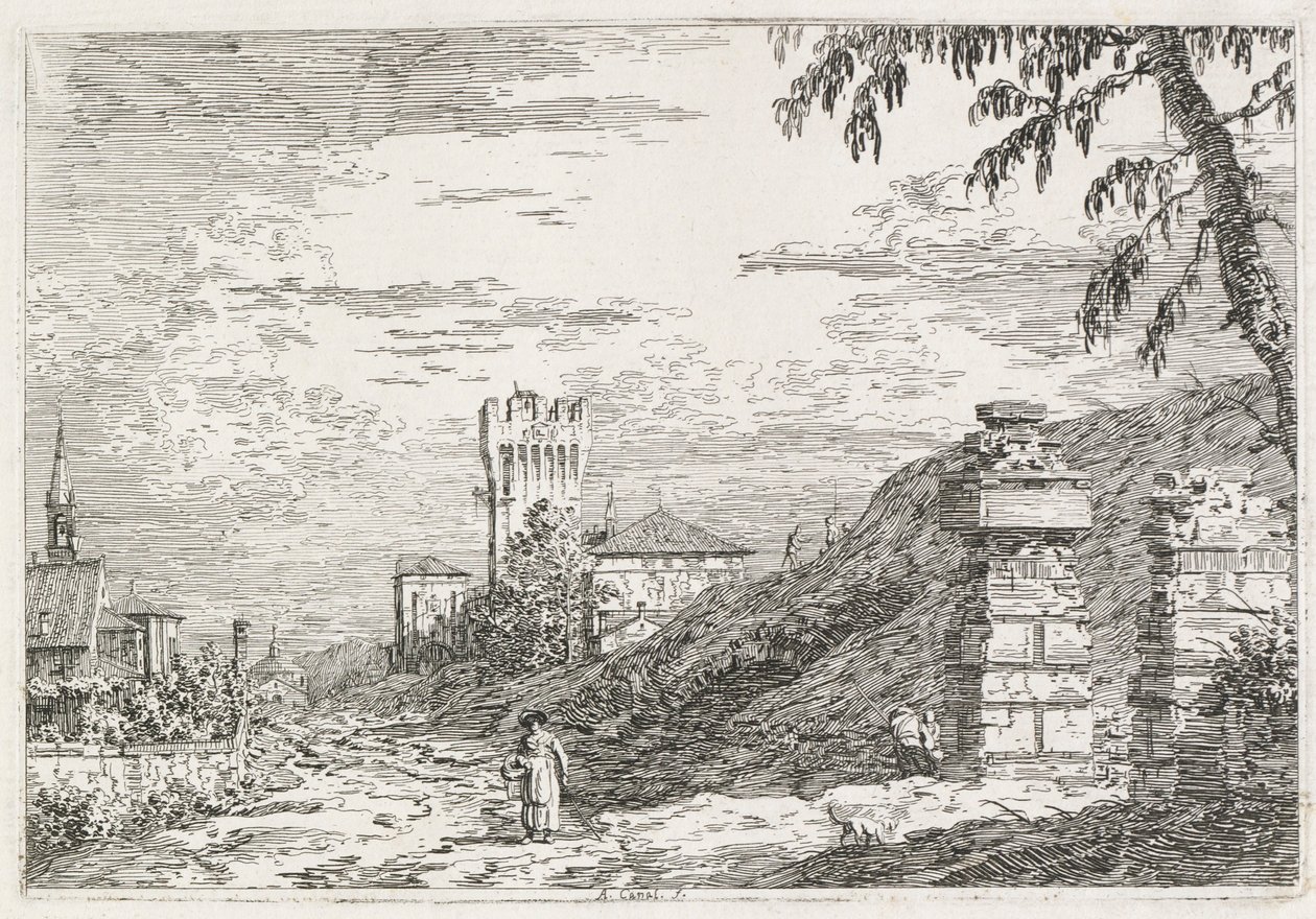 Widoki: Dwa zrujnowane filary, 1735-1746. autorstwa Giovanni Antonio Canal