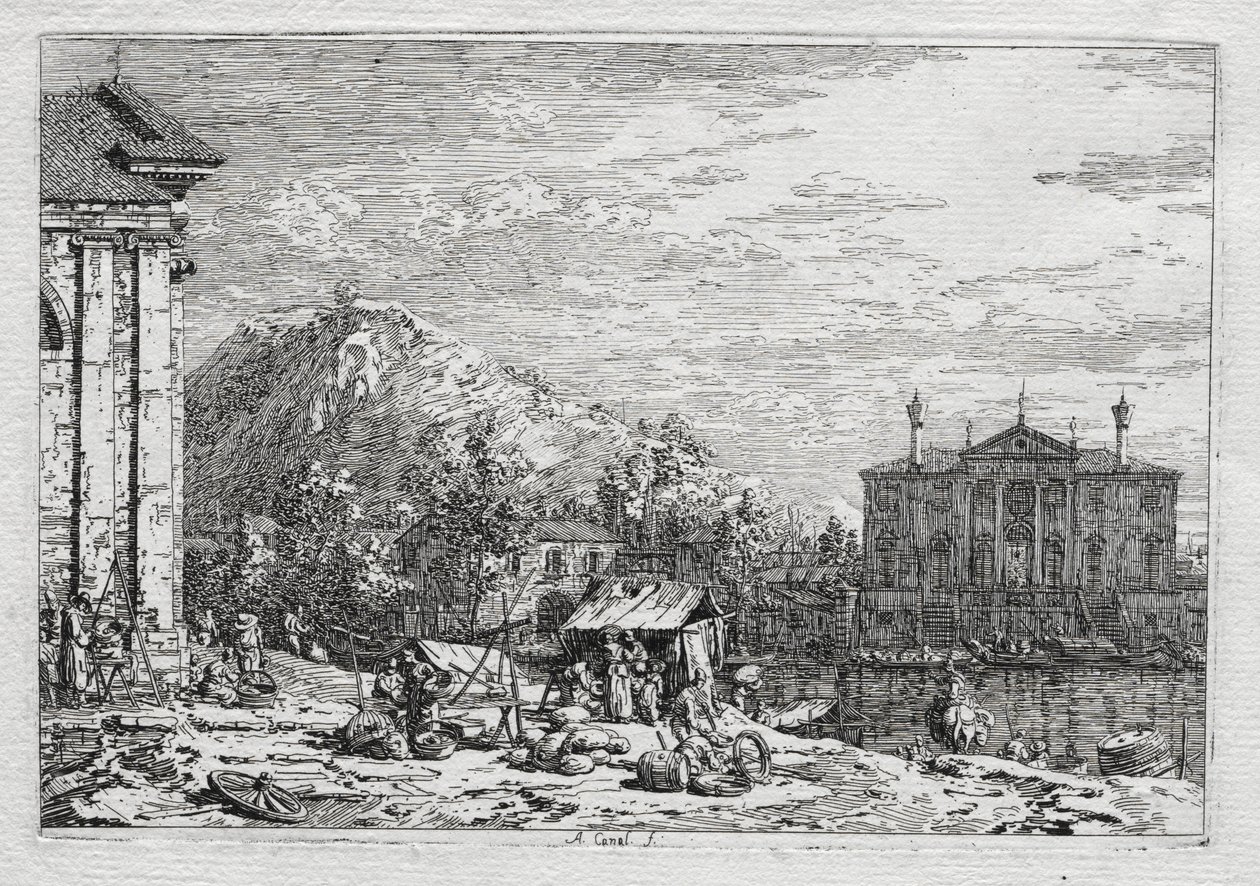 Widoki Wenecji i okolic: miasto za rzeką, XVIII wiek. autorstwa Giovanni Antonio Canal