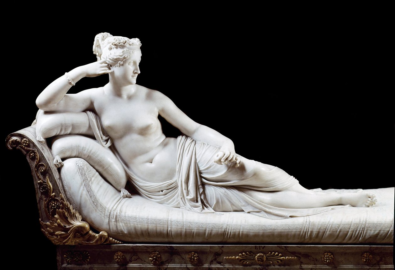 Pauline Bonaparte, księżniczka Borghese (1780 - 1825) siostra Napoleona I reprezentowana w Marmurowej Rzeźbie Zwycięskiej Wenus autorstwa Antonio Canovy (1757-1822) 1804-1808 Rzym, Galleria Borghese autorstwa Antonio Canova