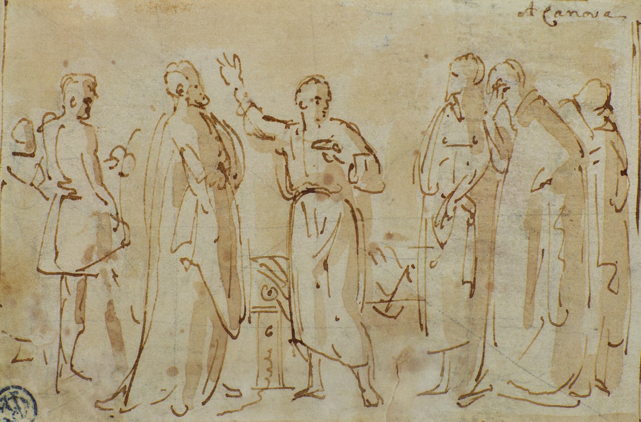 Sokrates pije kielich cykuty, ok. 1787 (pióro i atrament z sepią na papierze) autorstwa Antonio Canova