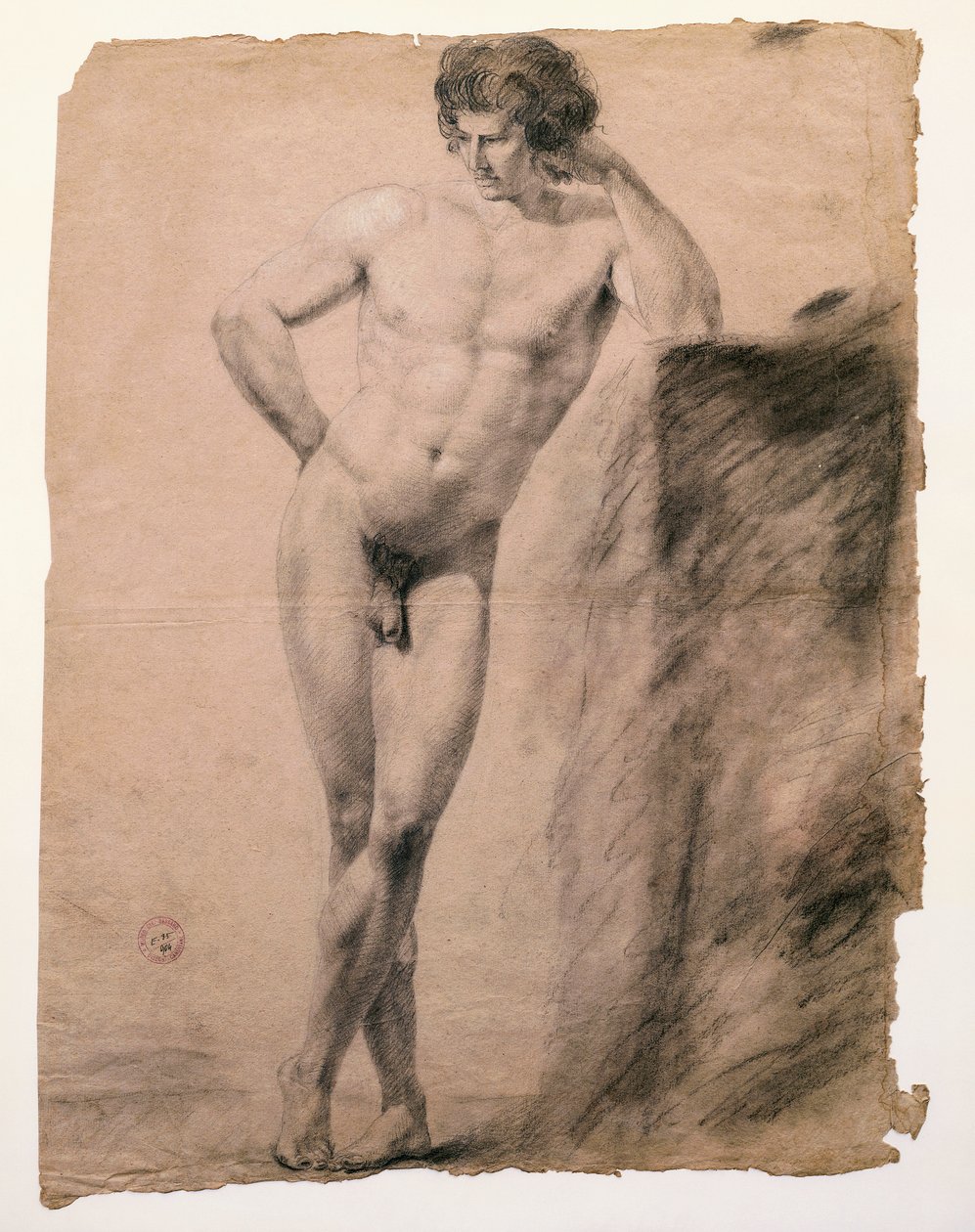 Studium aktu męskiego wspartego na cokole autorstwa Antonio Canovy (1757-1822), rysunek autorstwa Antonio Canova