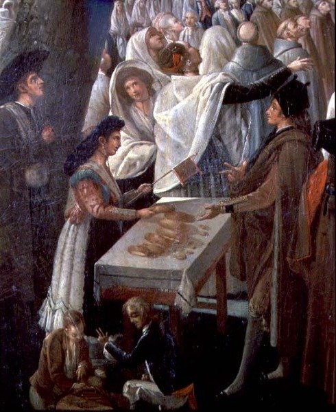 Lot balonem na ogrzane powietrze w Madrycie, fragment straganu z jedzeniem w tłumie (olej na płótnie) autorstwa Antonio Carnicero