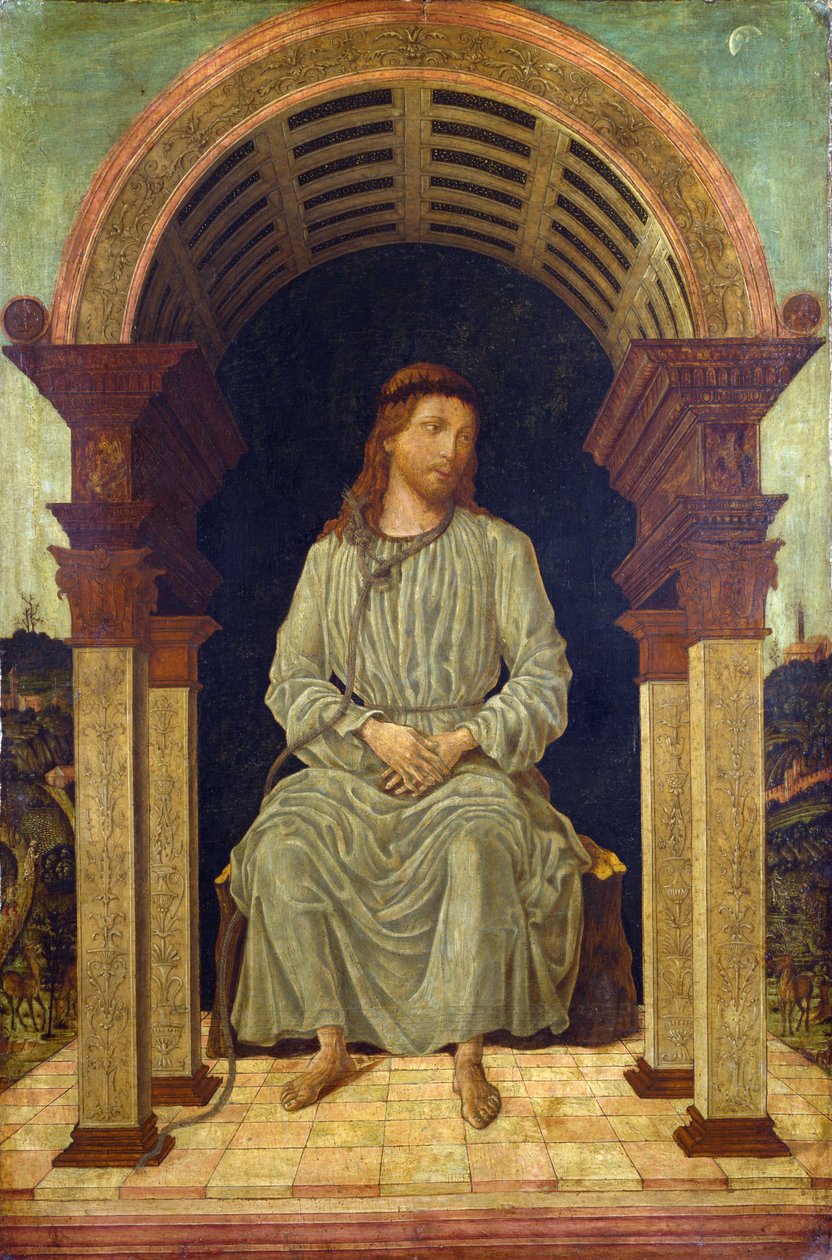 ""mistyczna postać Chrystusa"" Jezus siedzący z wisielcem na szyi związanym z szyderstwem z Chrystusa - Obraz przypisywany Antonio Cicognarze (czynny ok. 1480 - 1500) Londyn Galeria Narodowa autorstwa Antonio Cicognara