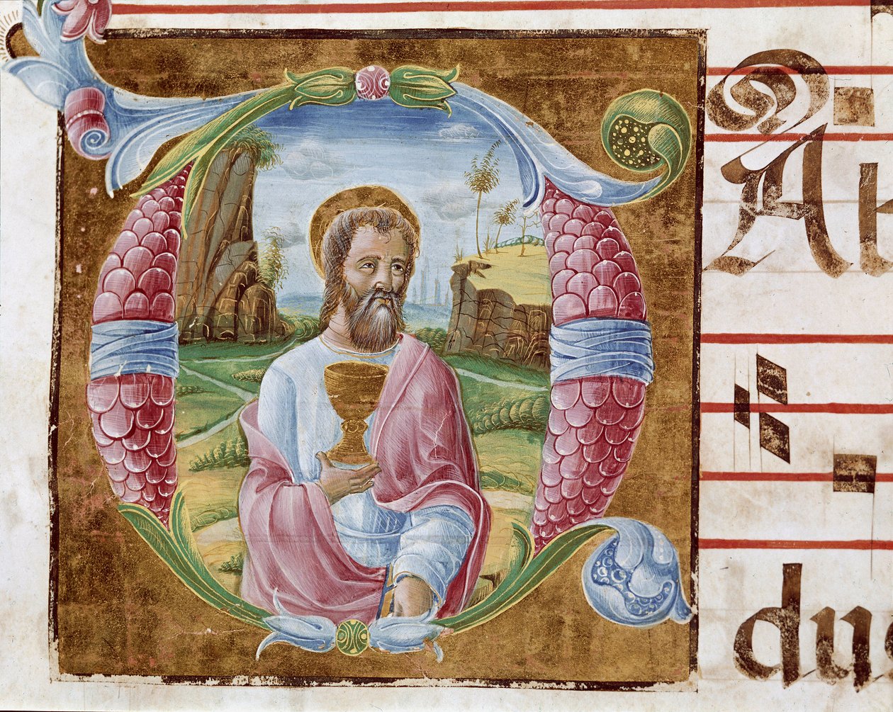 Św. Jan Ewangelista Lettryna iluminowana przez Antonio Cicognari. Szczegół antyfonarza. 1483. Cremone, chorał 4, capitolo del duomo autorstwa Antonio Cicognara