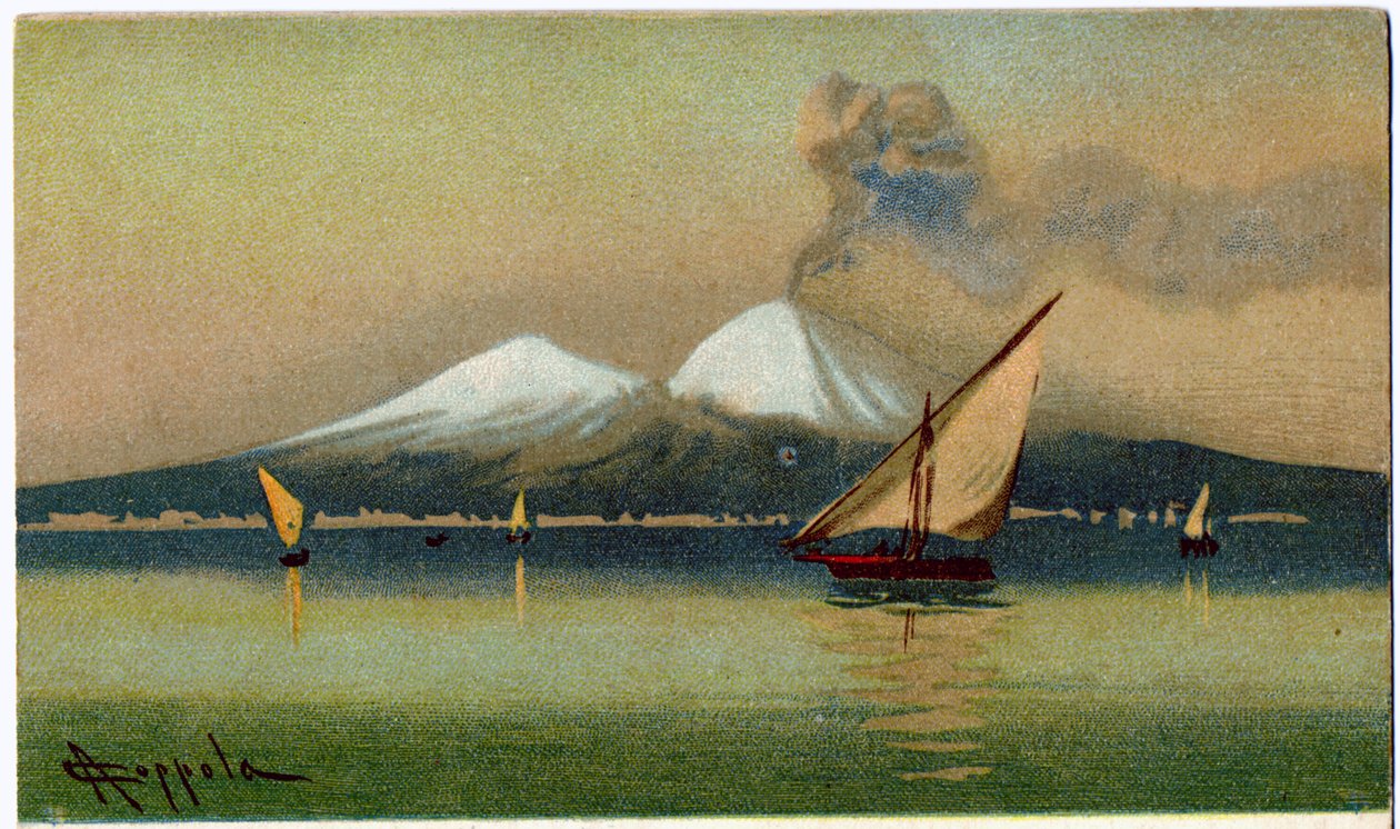 Geografia. Wulkan Wezuwiusz i Zatoka Neapolitańska. Ilustracja: A. Coppola, Włochy, ok. 1920 r. (pocztówka) autorstwa Antonio Coppola