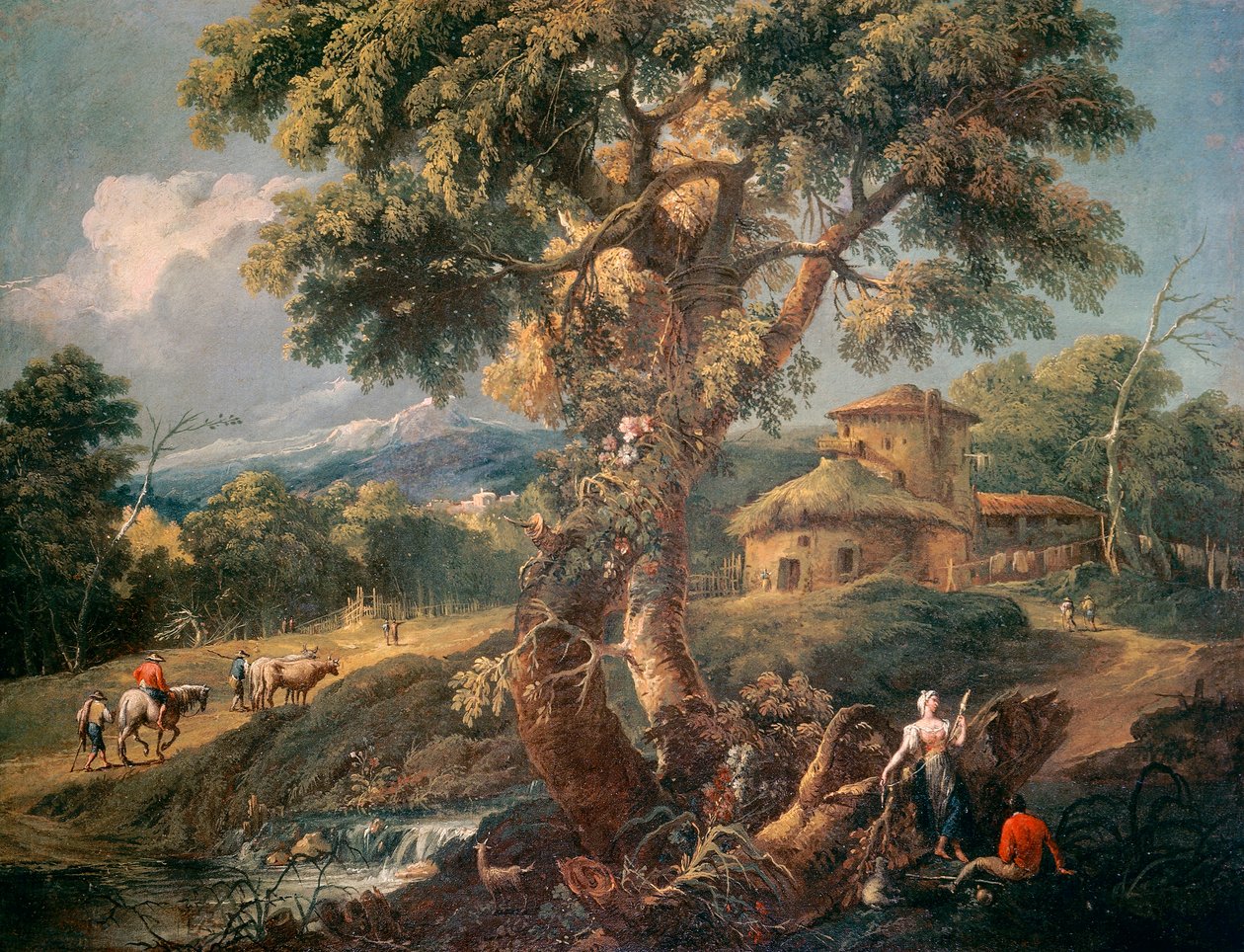 Pejzaż górski z ludźmi i rzeką, Antonio Diziani (1738-1797), olej na płótnie, 55x72 cm autorstwa Antonio Diziani