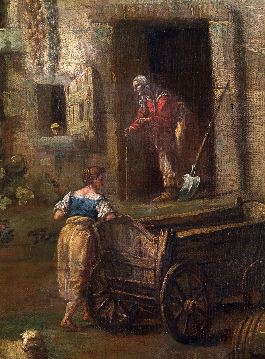""Krajobraz Włoch"" (Włoski krajobraz) Dom wiejski na włoskiej wsi, szczegół przedstawiający starą wieśniaczkę. Obraz Antonio Dizianiego (1737-1797) XVIII-wieczne Muzeum Sztuk Pięknych Mikalojus Konstantinas Ciurlionis, Kowno, Litwa autorstwa Antonio Diziani