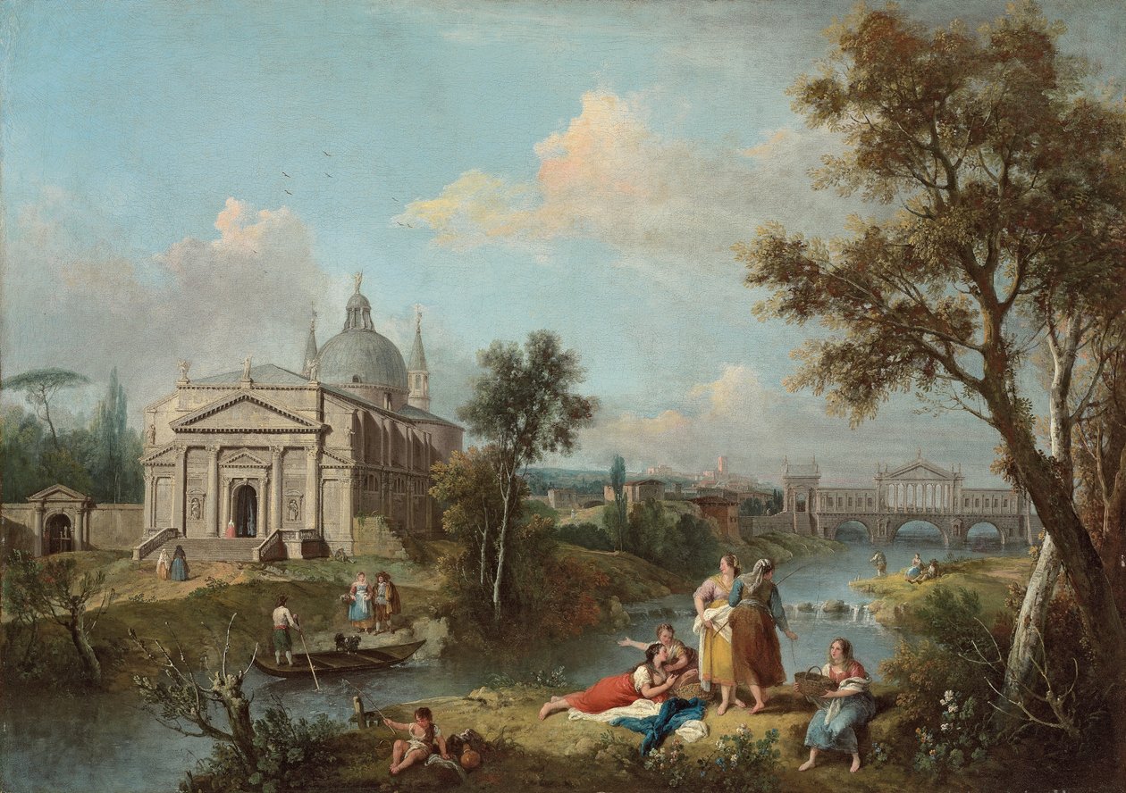 Włoski pejzaż rzeczny (olej na płótnie) autorstwa Antonio & F. Zuccarelli (1702 88) Visentini