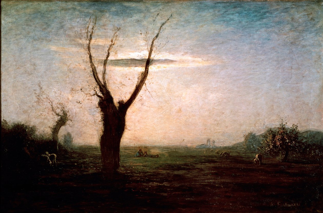 Kwiecień Krajobraz późnej zimy z drzewem wciąż bez liści. Obraz” Antonio Fontanesiego (1812-1882) autorstwa Antonio Fontanesi