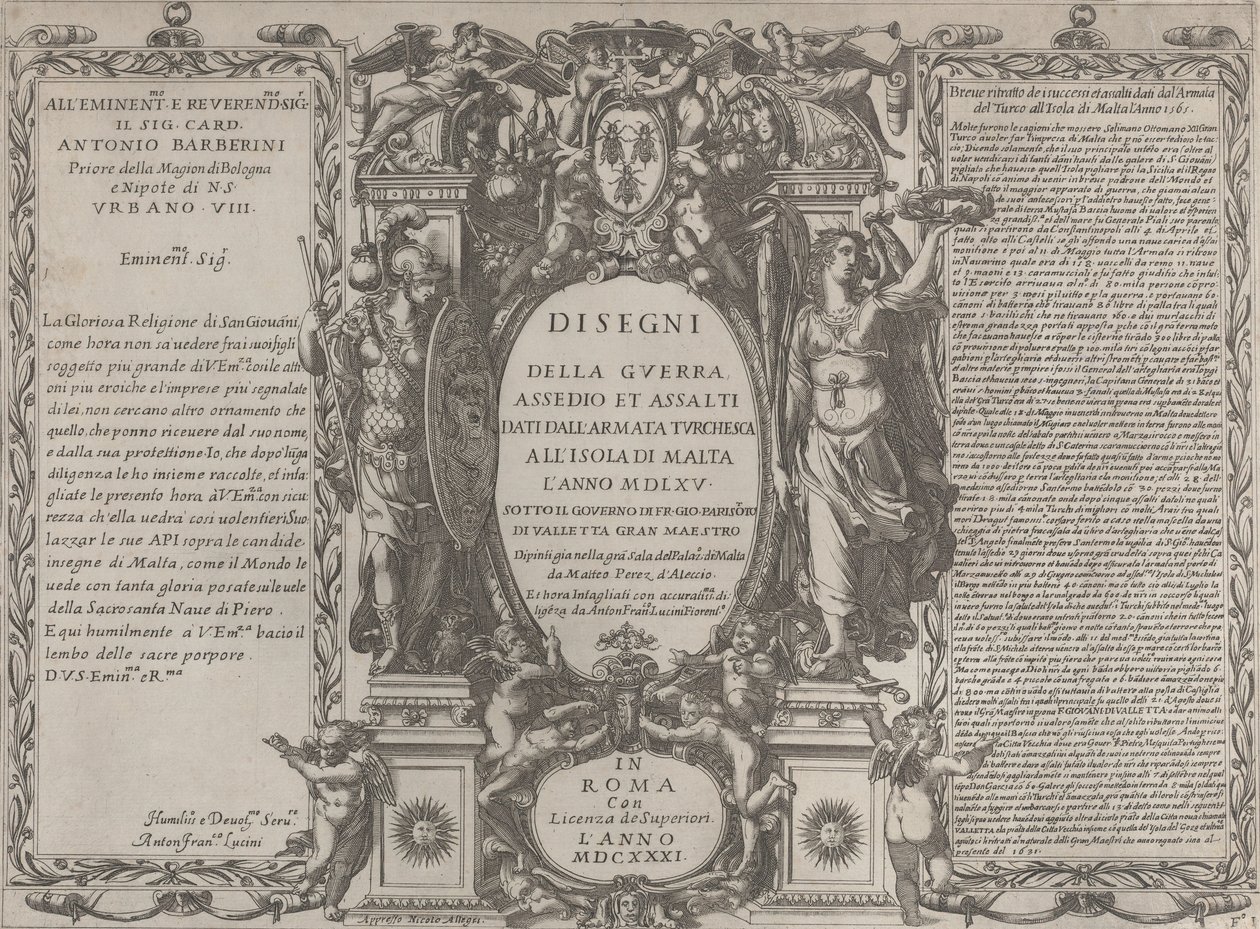 Frontyspis do Rysunków wojny, oblężenia i szturmu wojsk tureckich na wyspę..., 1631. autorstwa Antonio Francesco Lucini