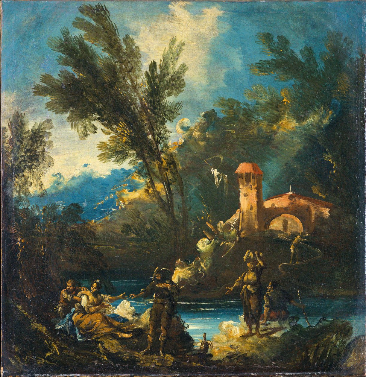 Krajobraz zalesionej rzeki z postaciami autorstwa Antonio Francesco Peruzzini