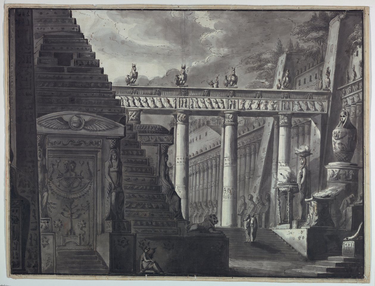 Scenografia, dziedziniec egipskiej świątyni autorstwa Antonio Giuseppe Basoli