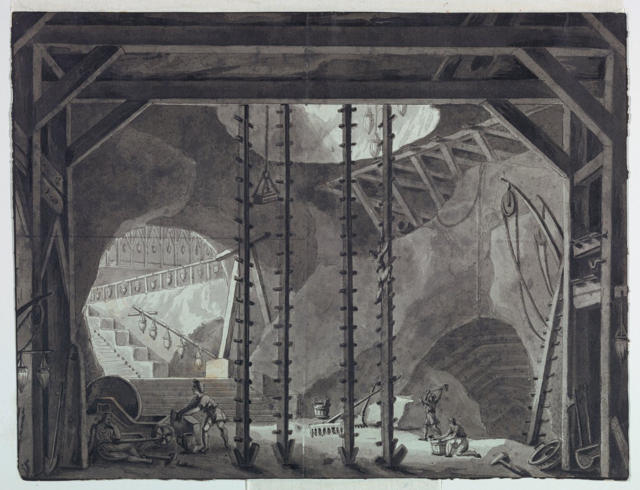 Scenografia, mężczyźni budują budynek w jaskini autorstwa Antonio Giuseppe Basoli